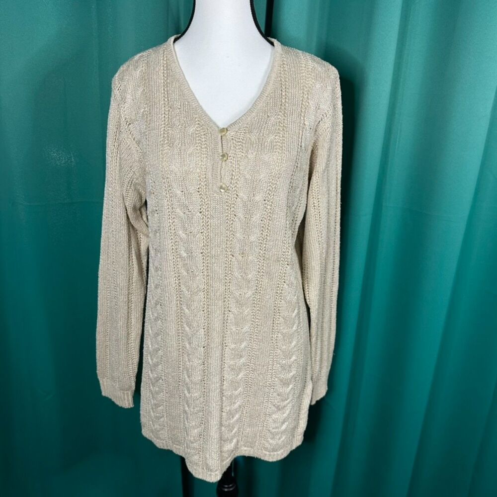 Vintage 80/90's Yarnworks Cream Cable Knit Long Sleeve Tunic Sweater Side Slits